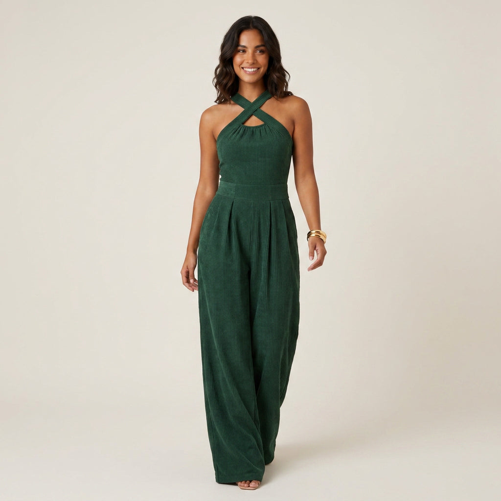 Mono Largo de Canalé con Cuello Halter para Mujer
