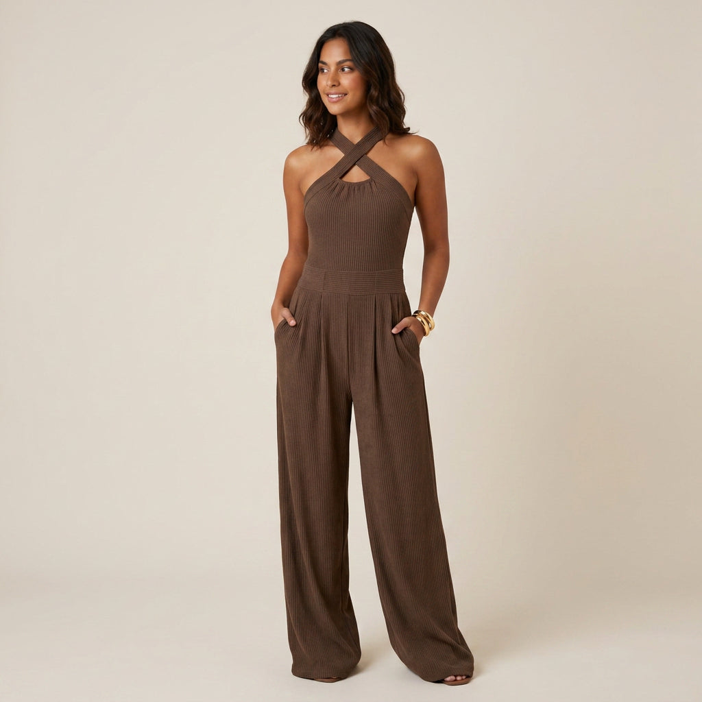 Mono Largo de Canalé con Cuello Halter para Mujer