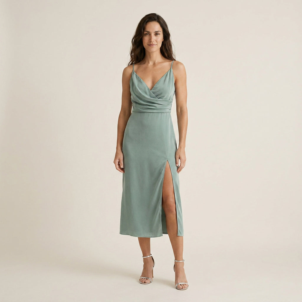 Vestido Midi Satinado Escote Cruzado para Mujer