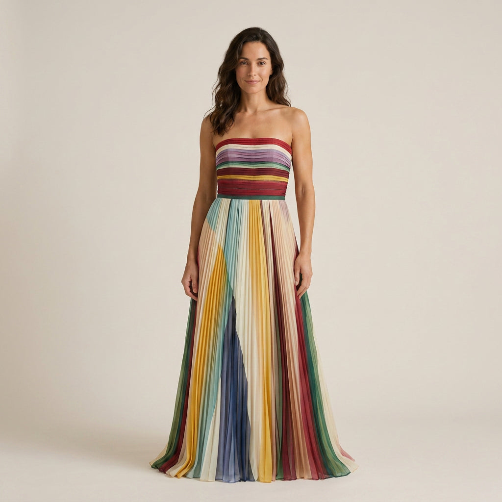 Vestido Largo Strapless Plisado Rayas Multicolor para Mujer