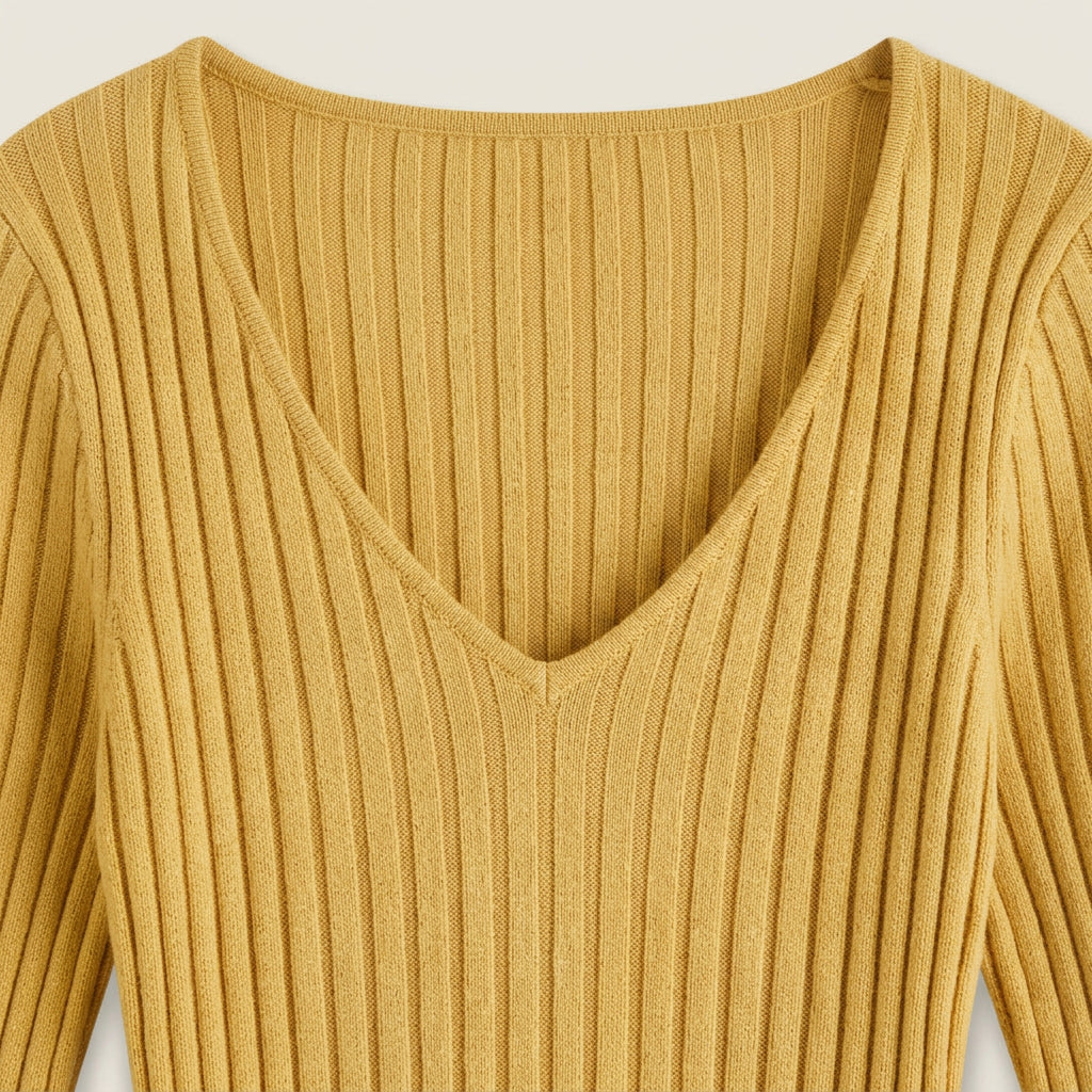 Vestido Midi de Canalé con Escote de Pico para Mujer