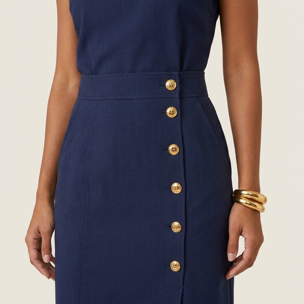 Vestido Midi Cuello Redondo Botones Frontales para Mujer