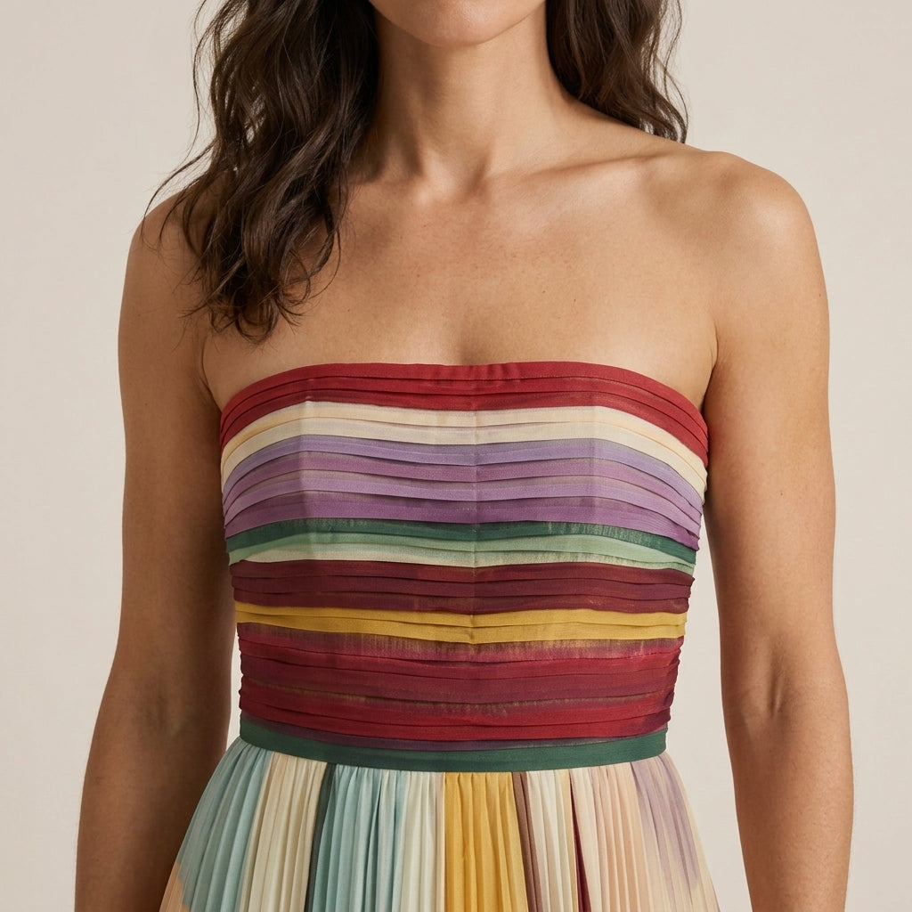 Vestido Largo Strapless Plisado Rayas Multicolor para Mujer