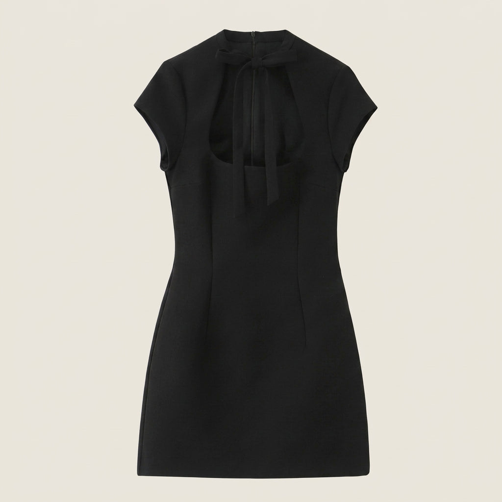 Vestido Mini Cutout Lazo Al Cuello Manga Corta para Mujer