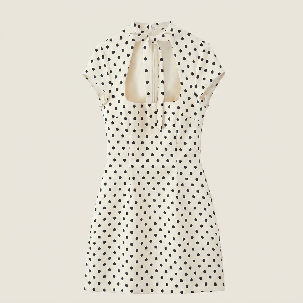 Vestido Mini Cutout Lazo Al Cuello Manga Corta para Mujer