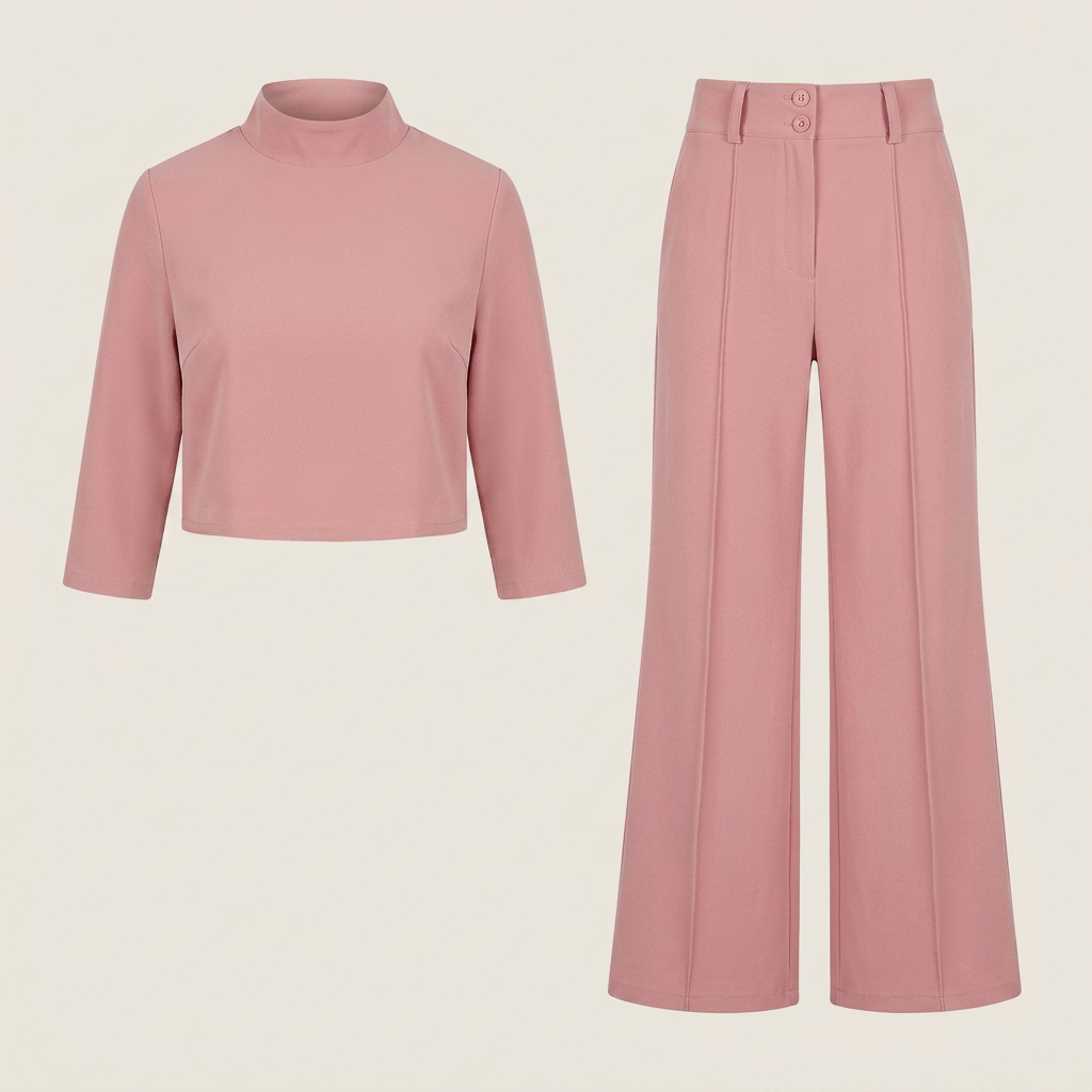 Conjunto Top Crop Cuello Alto Pantalón Recto para Mujer