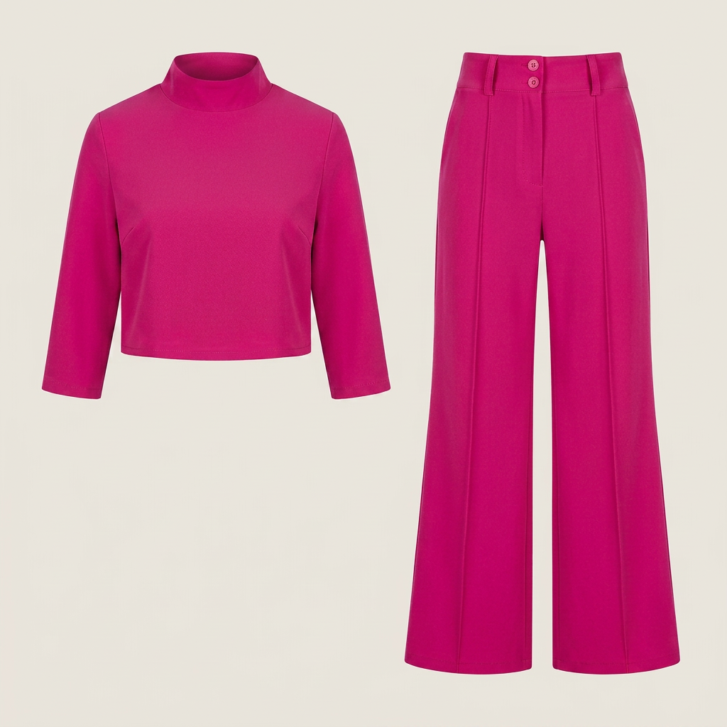 Conjunto Top Crop Cuello Alto Pantalón Recto para Mujer