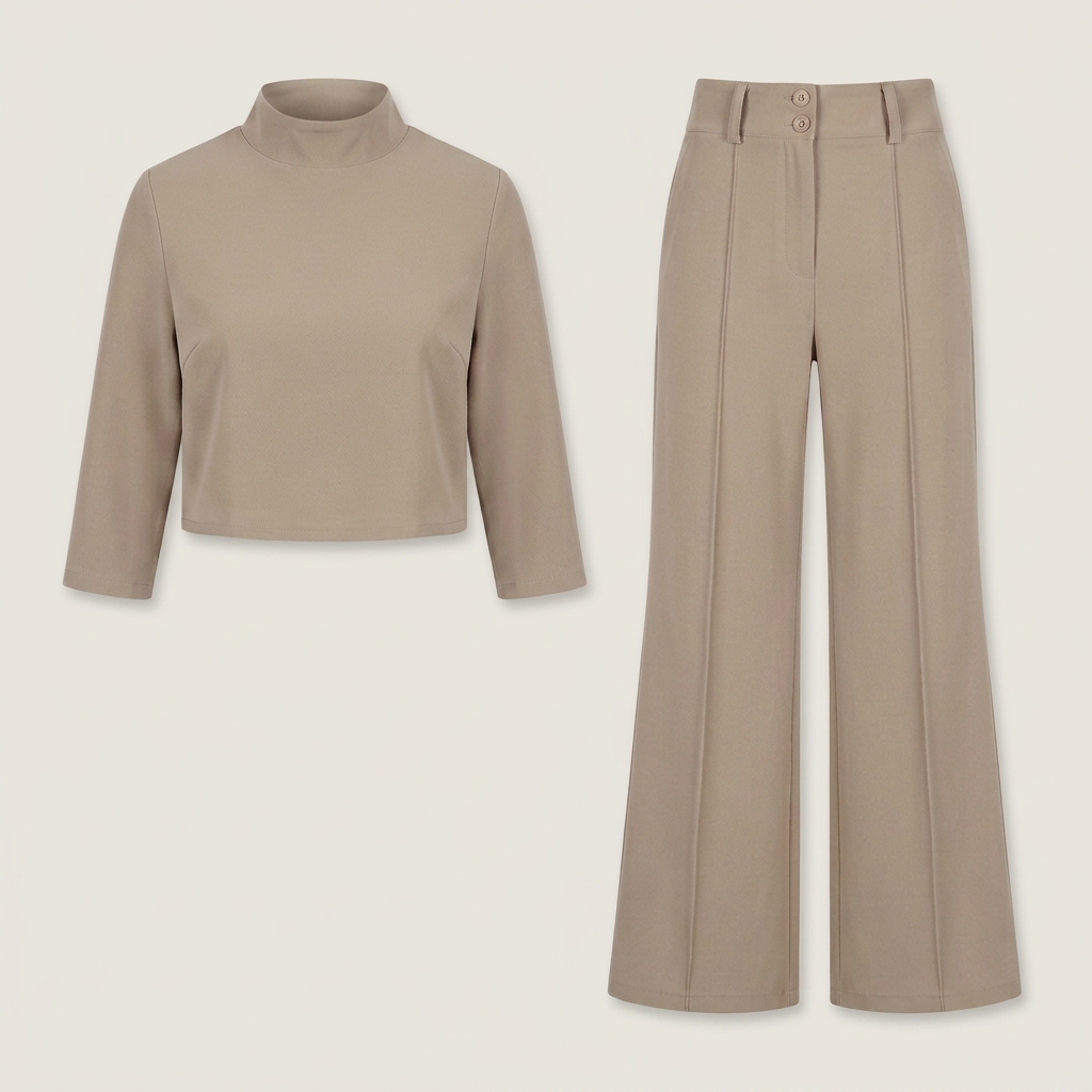 Conjunto Top Crop Cuello Alto Pantalón Recto para Mujer