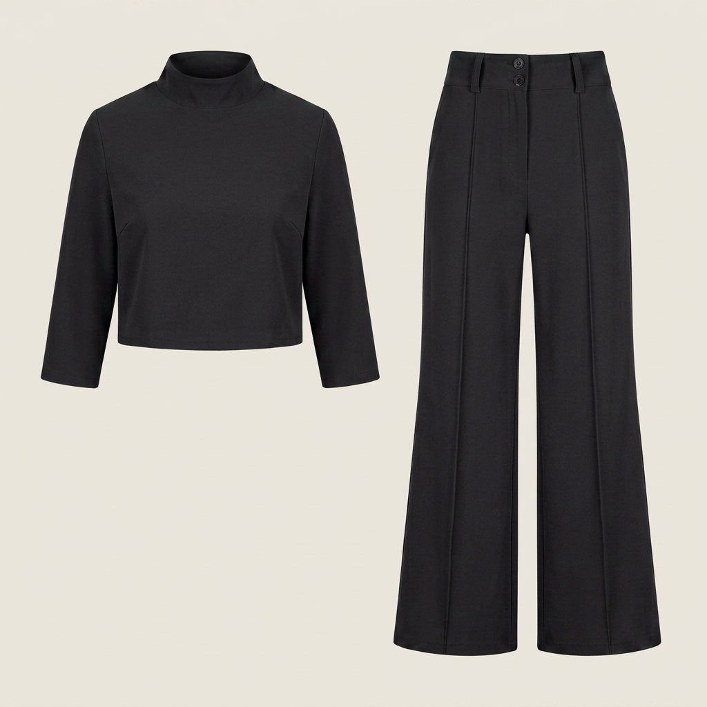 Conjunto Top Crop Cuello Alto Pantalón Recto para Mujer