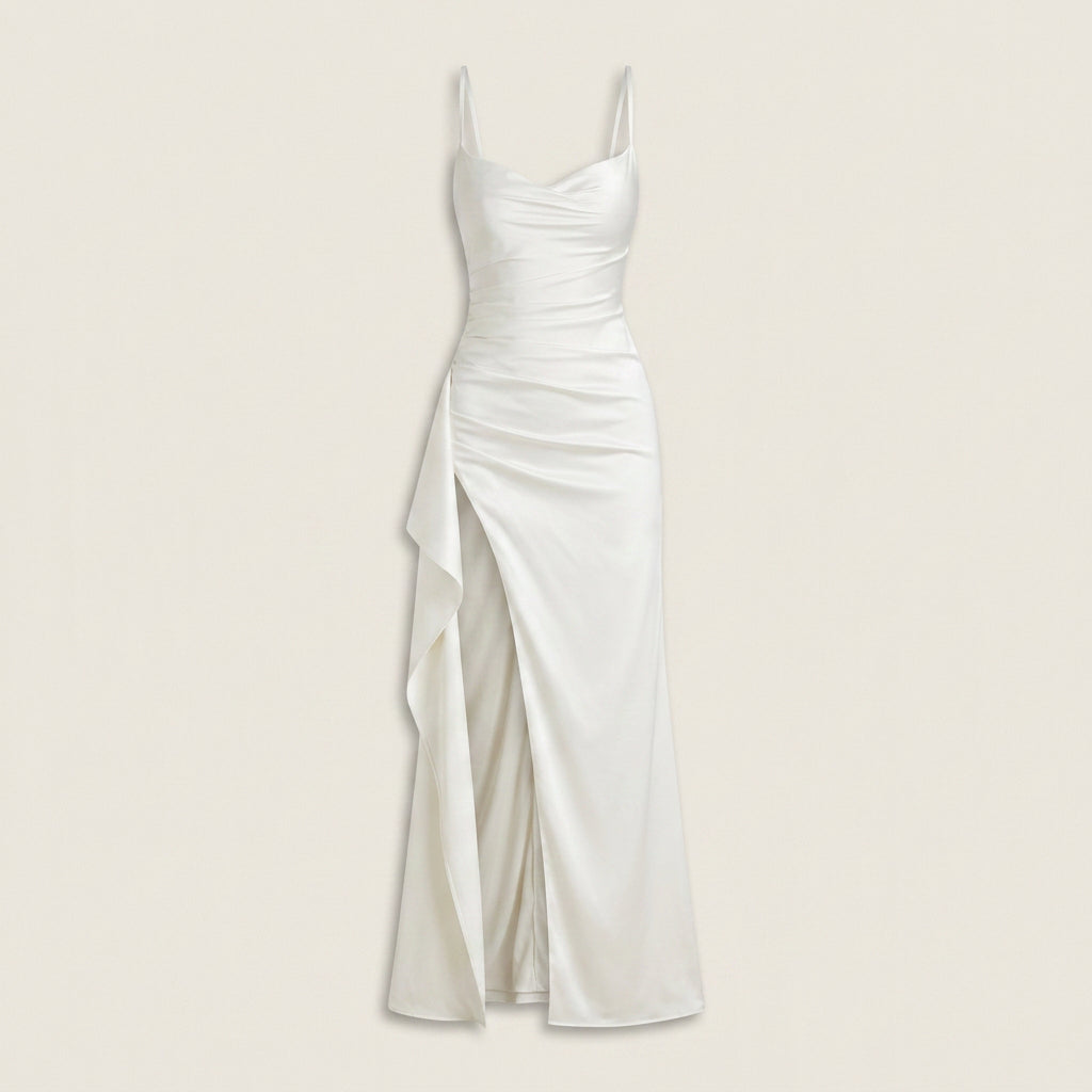 Vestido Largo Efecto Satén con Abertura para Mujer