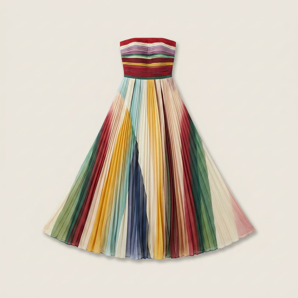 Vestido Largo Strapless Plisado Rayas Multicolor para Mujer