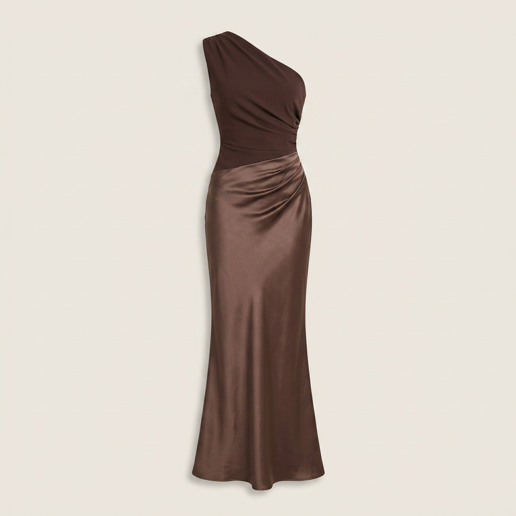 Vestido Largo Un Hombro Satén Fruncido Lateral para Mujer