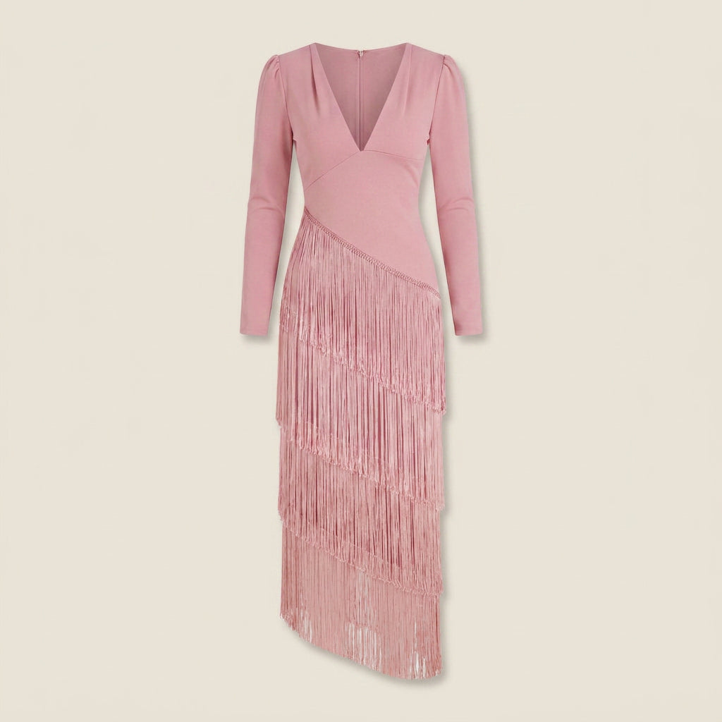 Vestido Midi de Flecos Escalonados Manga Larga para Mujer