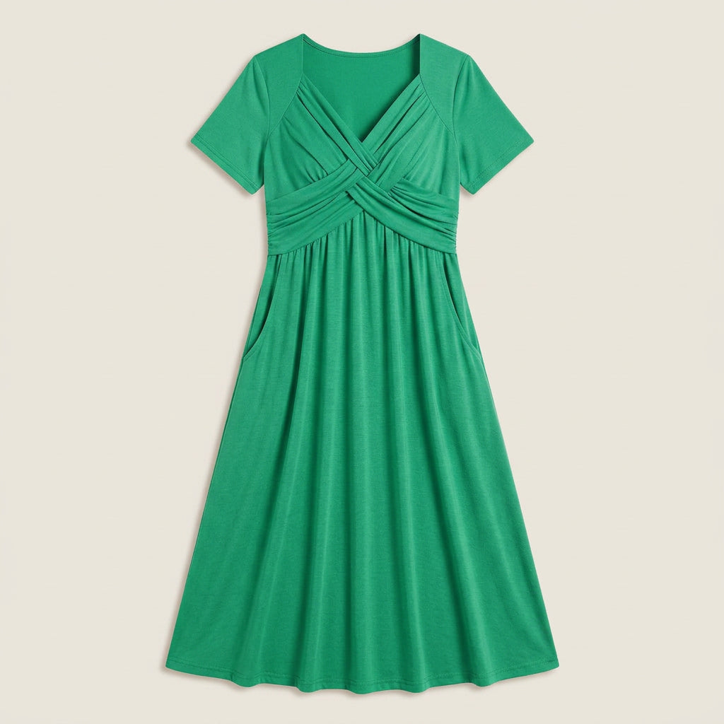 Vestido Midi Escote Trenzado Manga Corta para Mujer