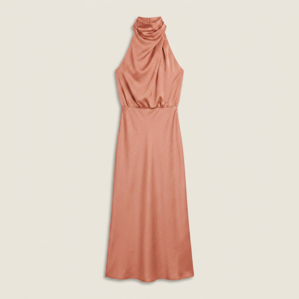 Vestido Midi Cuello Alto Drapeado Halter para Mujer