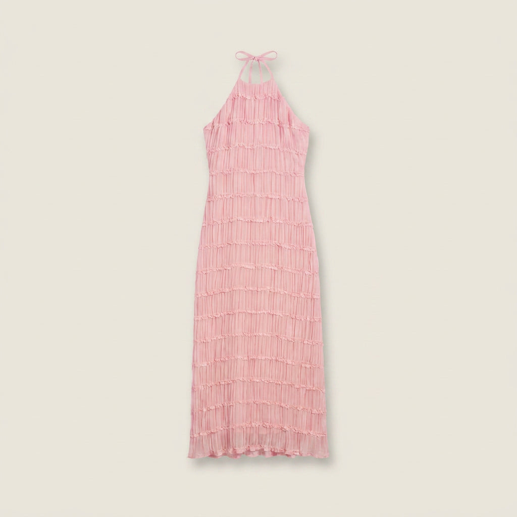 Vestido Midi Efecto Gasa con Cuello Halter para Mujer