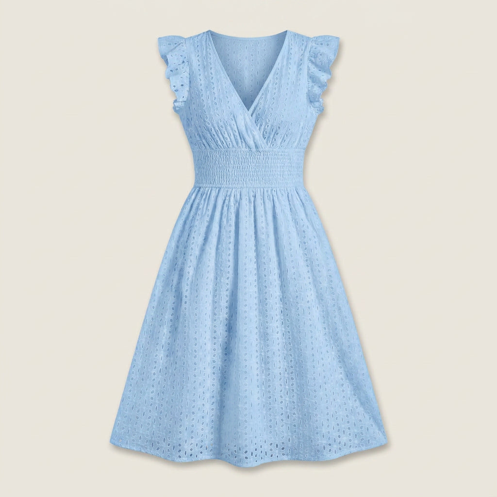 Vestido Midi Bordado Inglés Cintura Fruncida para Mujer