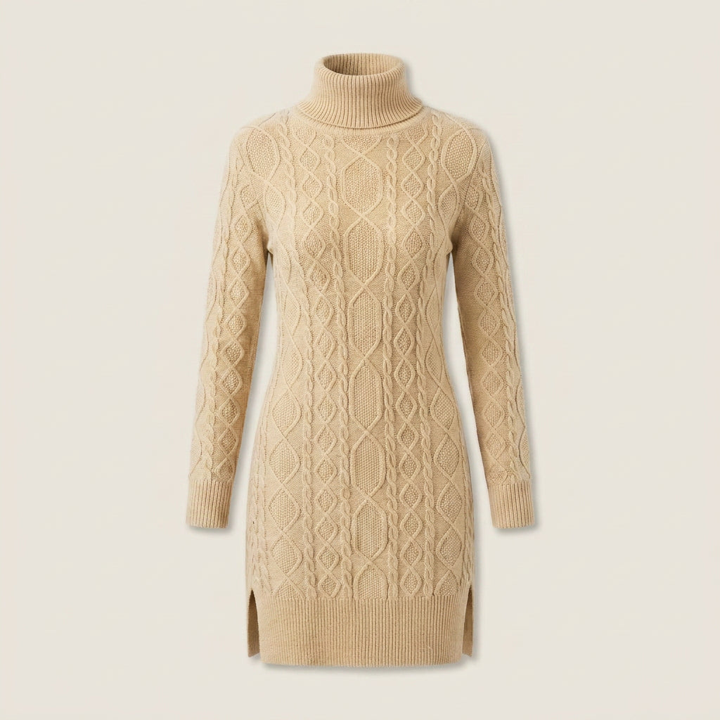 Vestido Corto de Punto Trenzado Cuello Vuelto para Mujer
