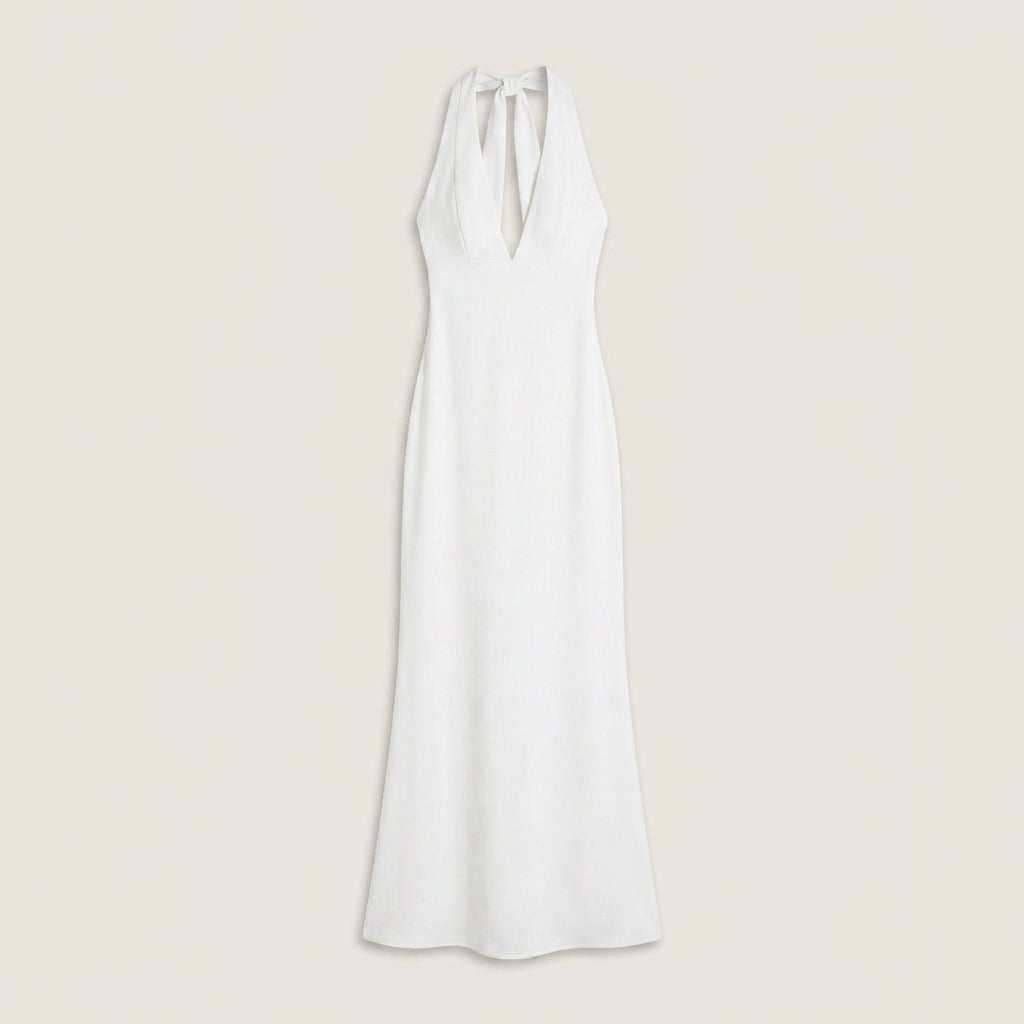 Vestido de Fiesta Largo Cuello Halter con Escote de Pico para Mujer