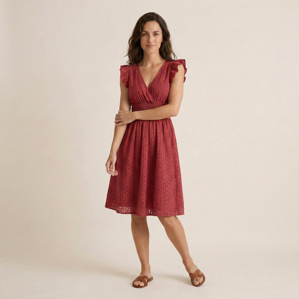 Vestido Midi Bordado Inglés Cintura Fruncida para Mujer