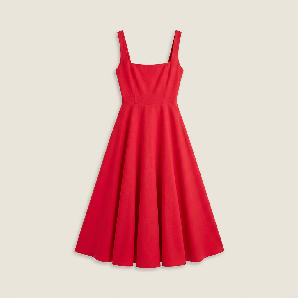 Vestido Midi Escote Cuadrado Falda Vuelo para Mujer