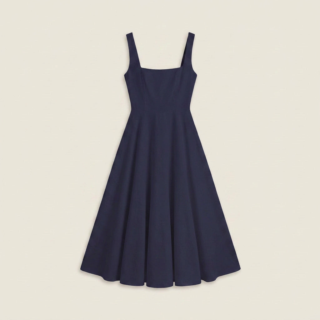 Vestido Midi Escote Cuadrado Falda Vuelo para Mujer