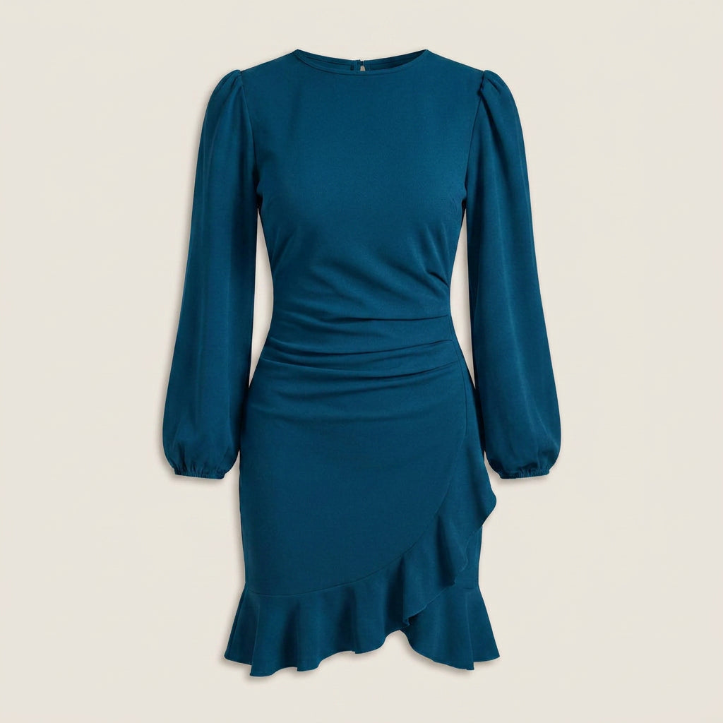 Vestido Corto Manga Abullonada Volante Asimétrico para Mujer