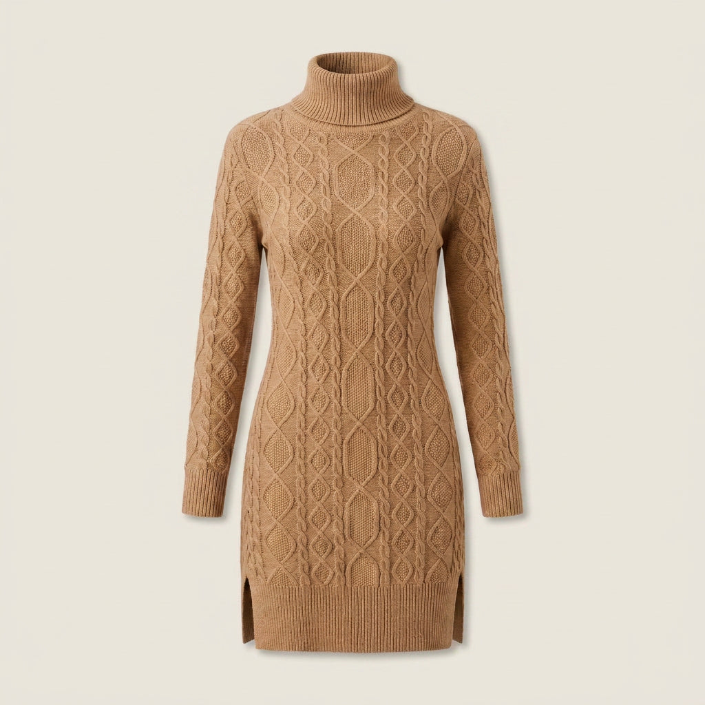 Vestido Corto de Punto Trenzado Cuello Vuelto para Mujer