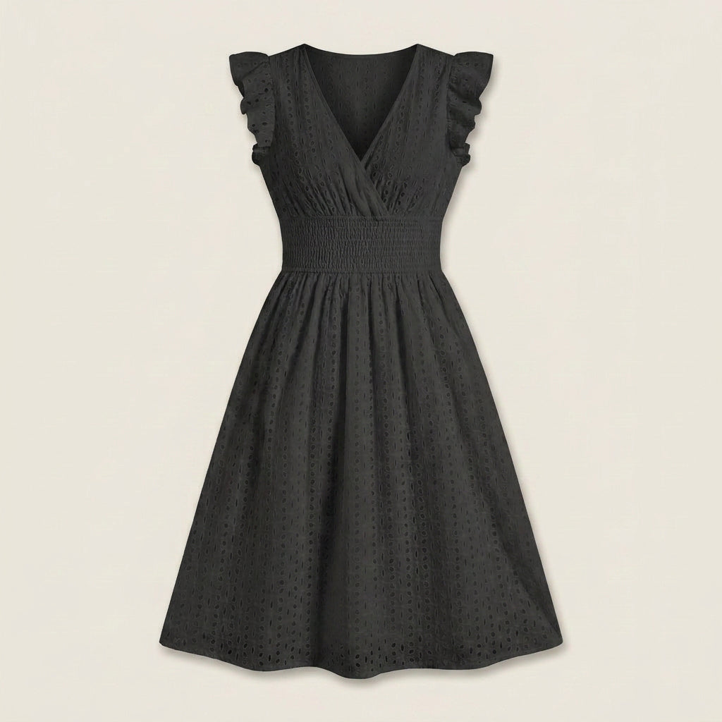 Vestido Midi Bordado Inglés Cintura Fruncida para Mujer