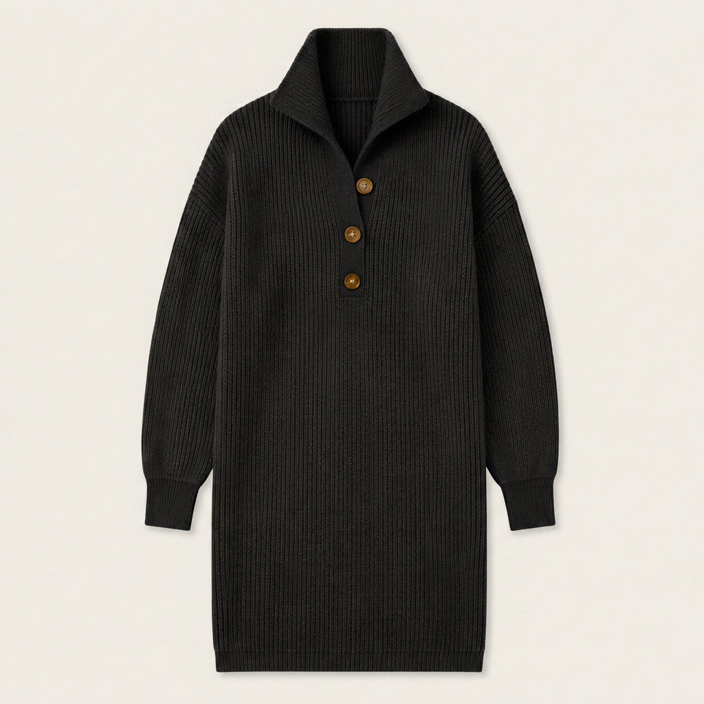 Vestido de Punto Canalé con Cuello Alto y Botones para Mujer