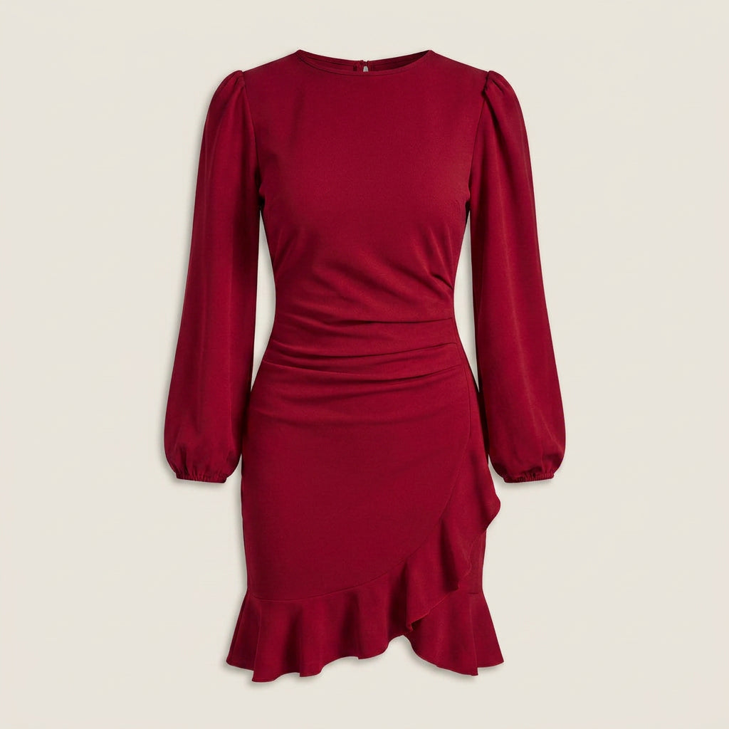Vestido Corto Manga Abullonada Volante Asimétrico para Mujer