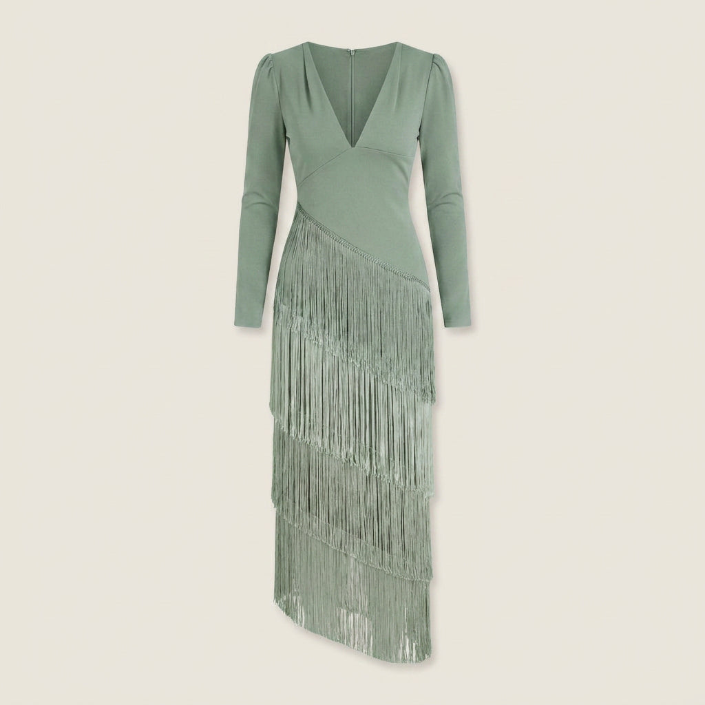 Vestido Midi de Flecos Escalonados Manga Larga para Mujer