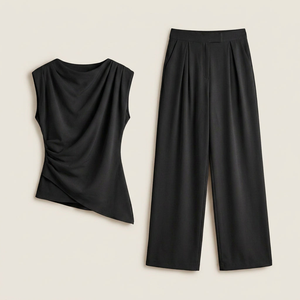 Conjunto Top Drapeado y Pantalón Ancho para Mujer