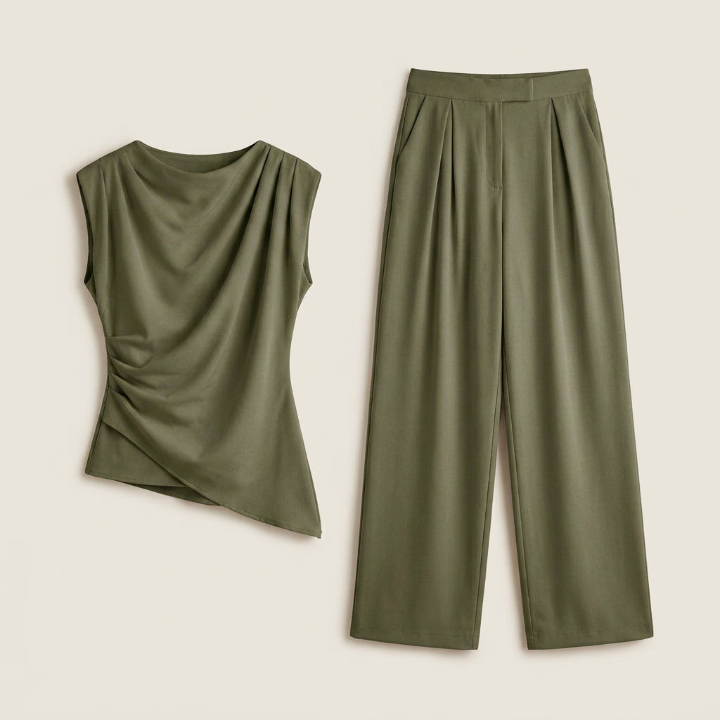 Conjunto Top Drapeado y Pantalón Ancho para Mujer