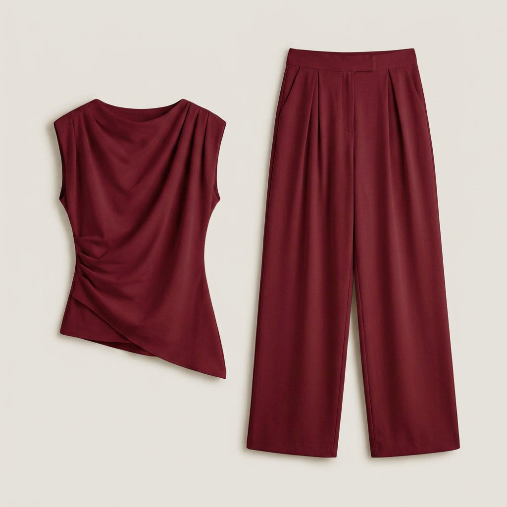 Conjunto Top Drapeado y Pantalón Ancho para Mujer