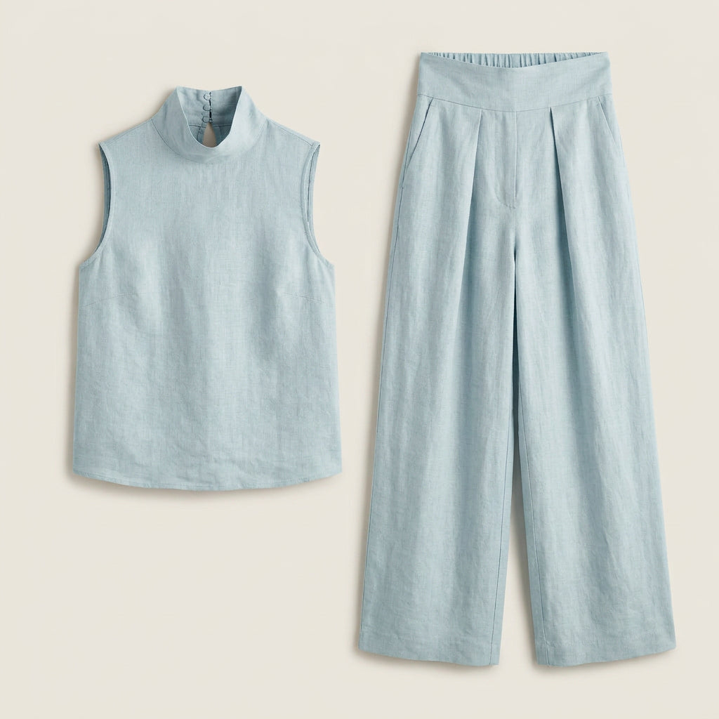 Conjunto Efecto Lino Top y Pantalón Ancho para Mujer