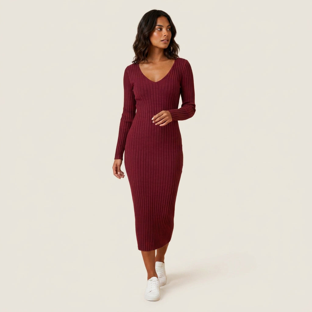 Vestido Midi de Canalé con Escote de Pico para Mujer