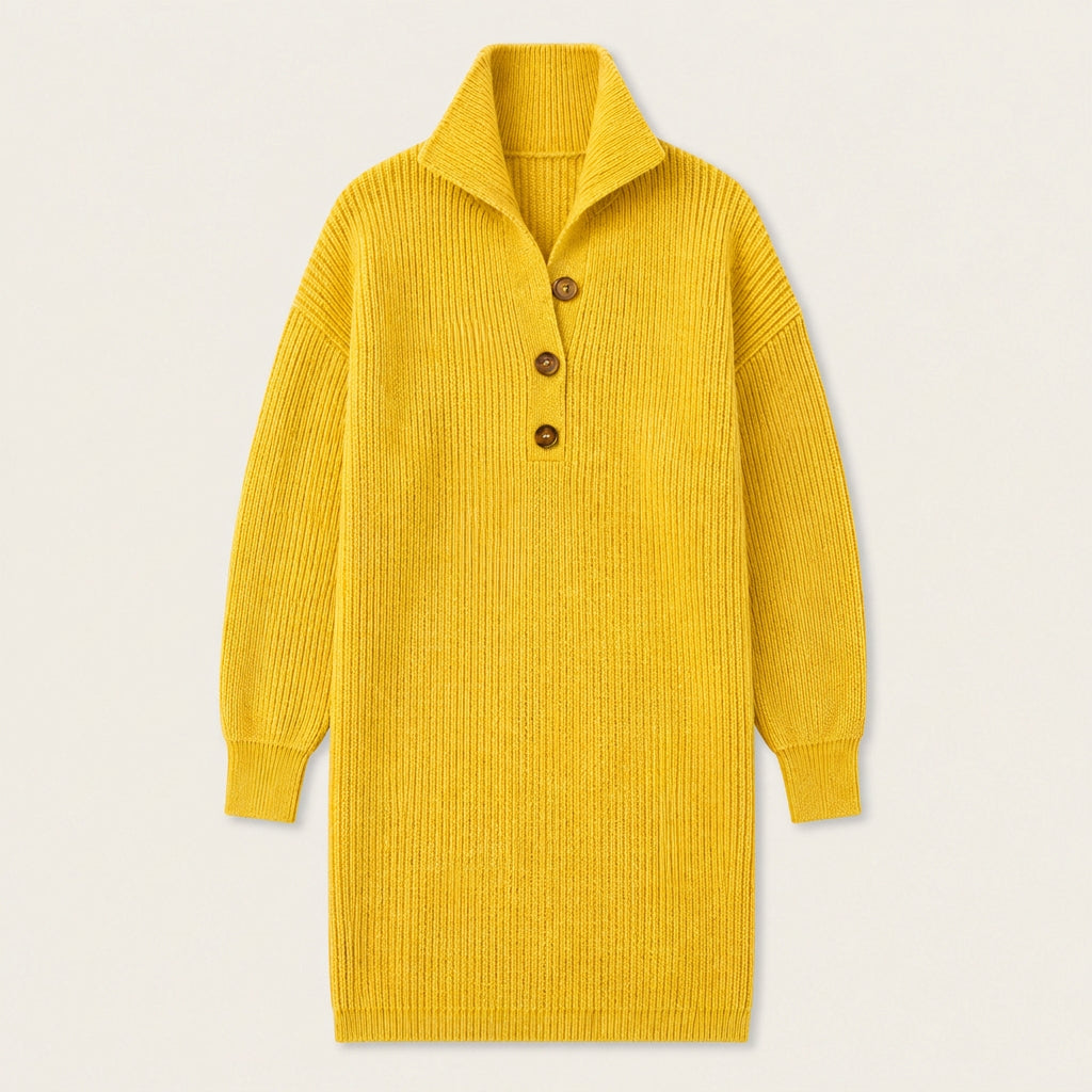 Vestido de Punto Canalé con Cuello Alto y Botones para Mujer