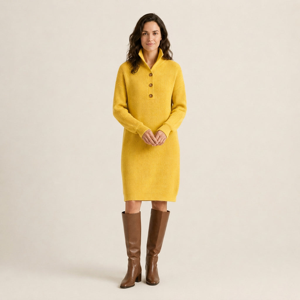Vestido de Punto Canalé con Cuello Alto y Botones para Mujer