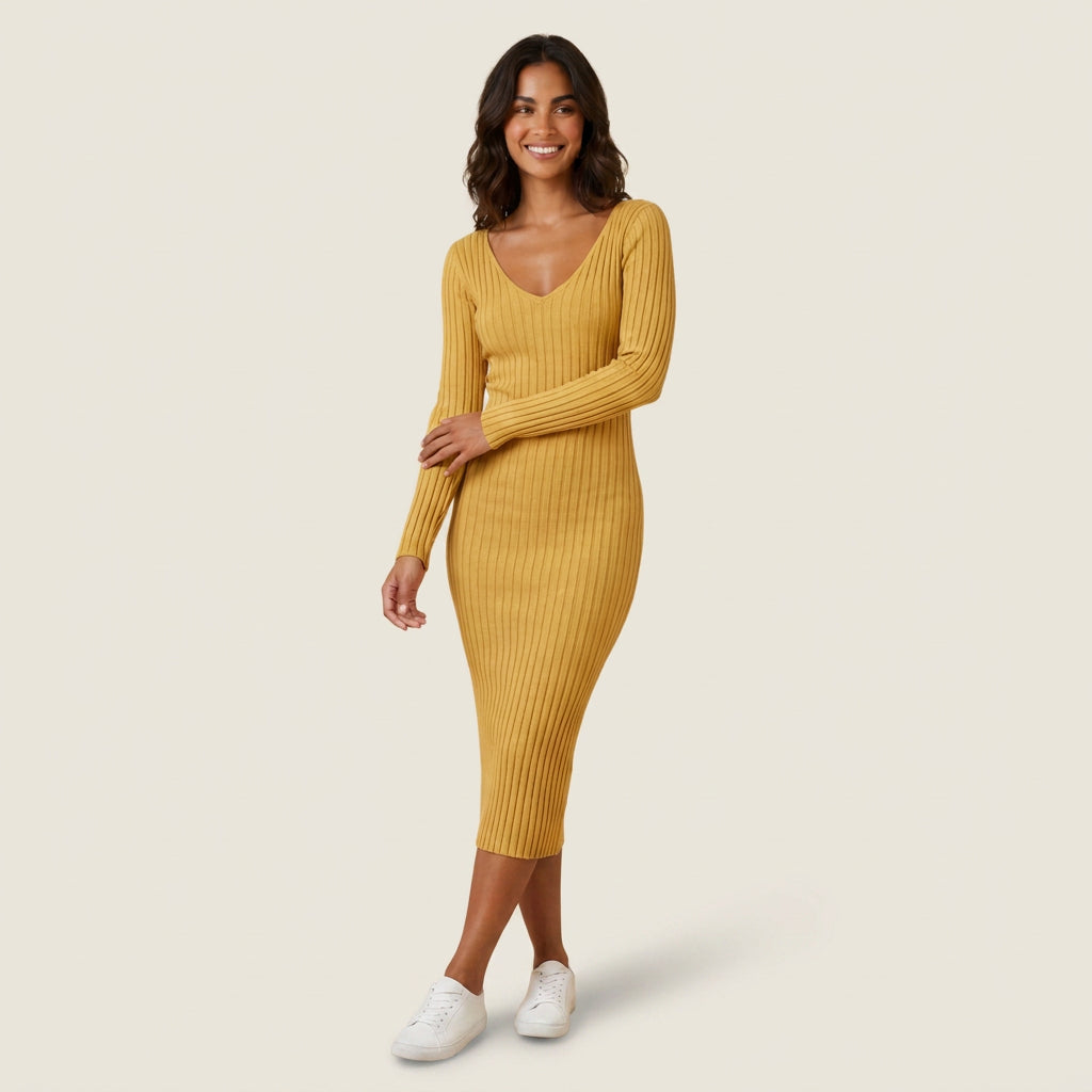 Vestido Midi de Canalé con Escote de Pico para Mujer