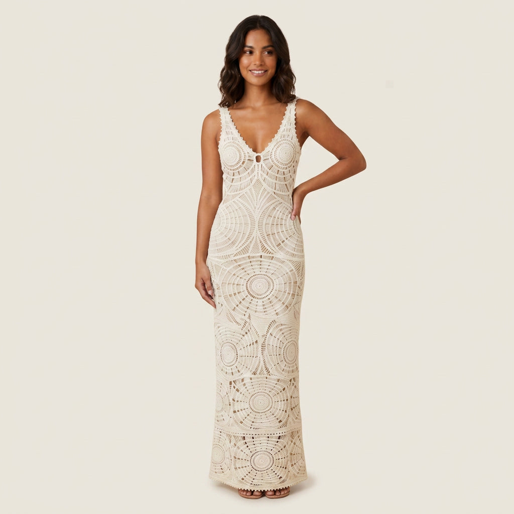 Vestido Midi de Encaje Calado con Motivo Geométrico para Mujer