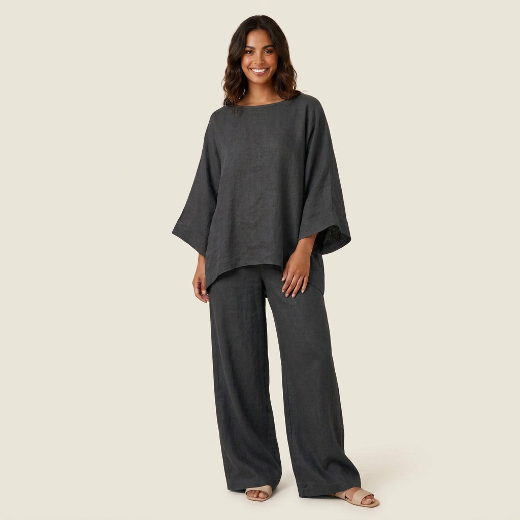 Conjunto de Lino con Blusa Asimétrica y Pantalón Ancho para Mujer