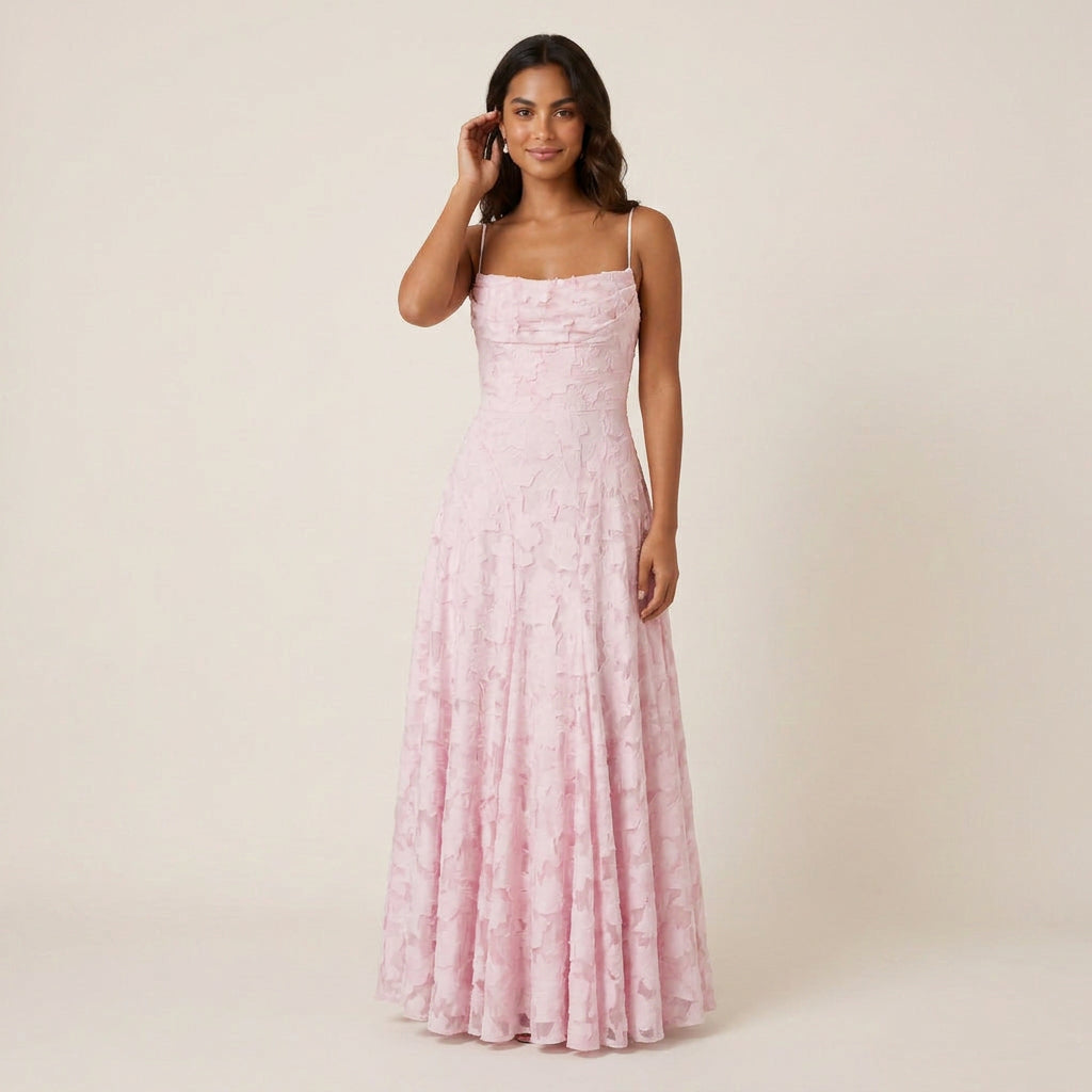 Vestido de Fiesta Largo Jacquard Floral con Tirantes para Mujer