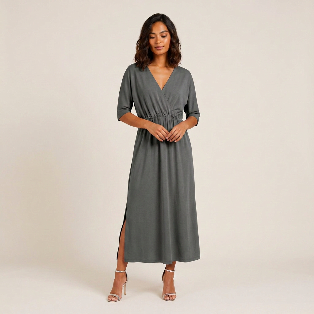 Vestido Largo Escote Cruzado Cintura Fruncida para Mujer