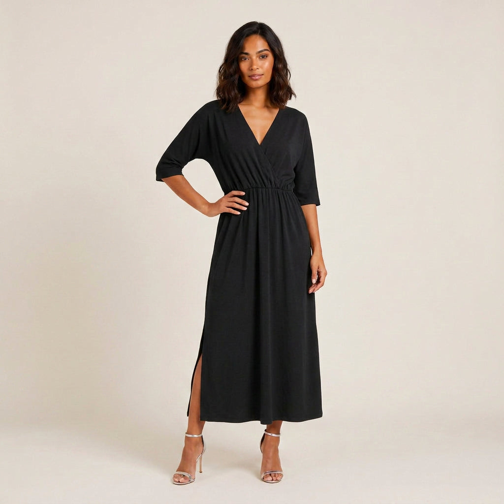 Vestido Largo Escote Cruzado Cintura Fruncida para Mujer
