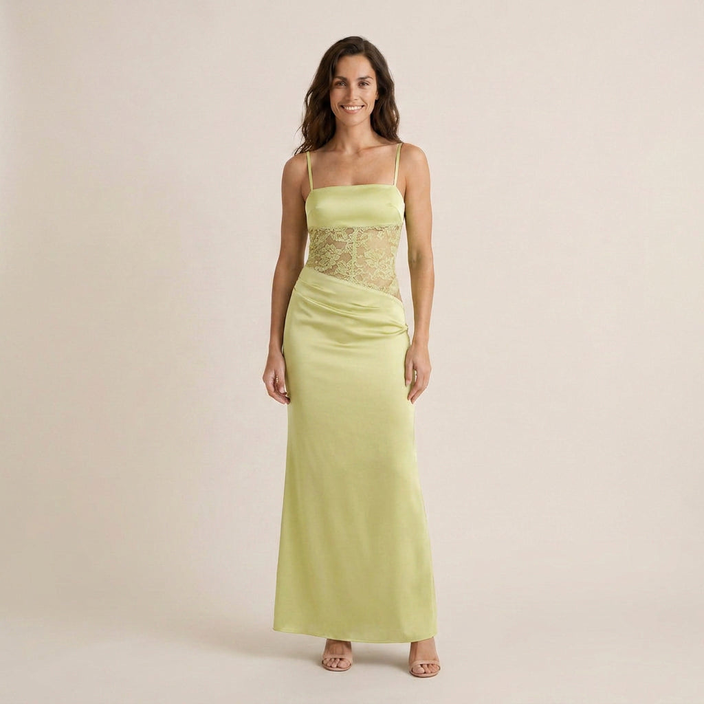 Vestido Largo Satinado con Encaje para Mujer
