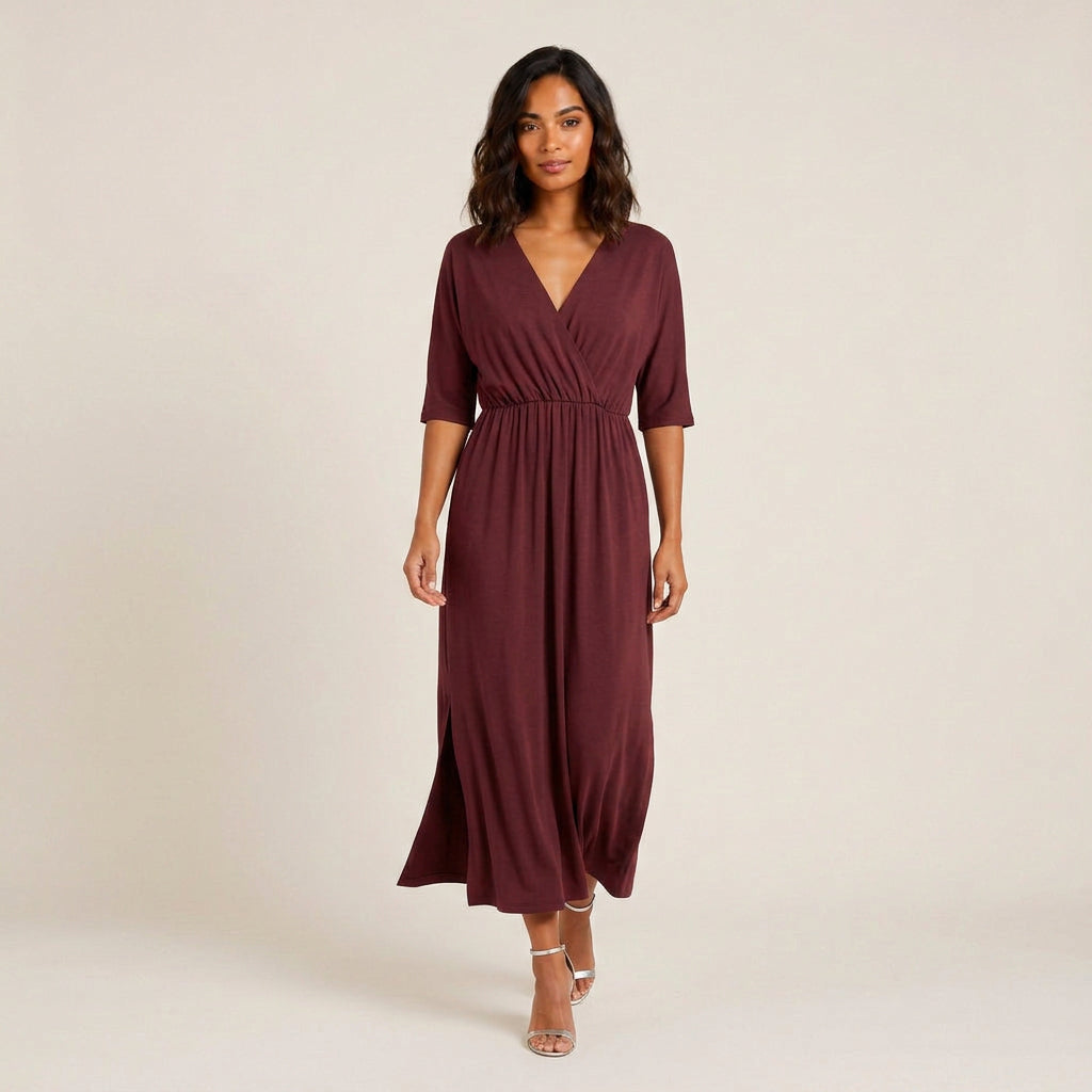 Vestido Largo Escote Cruzado Cintura Fruncida para Mujer