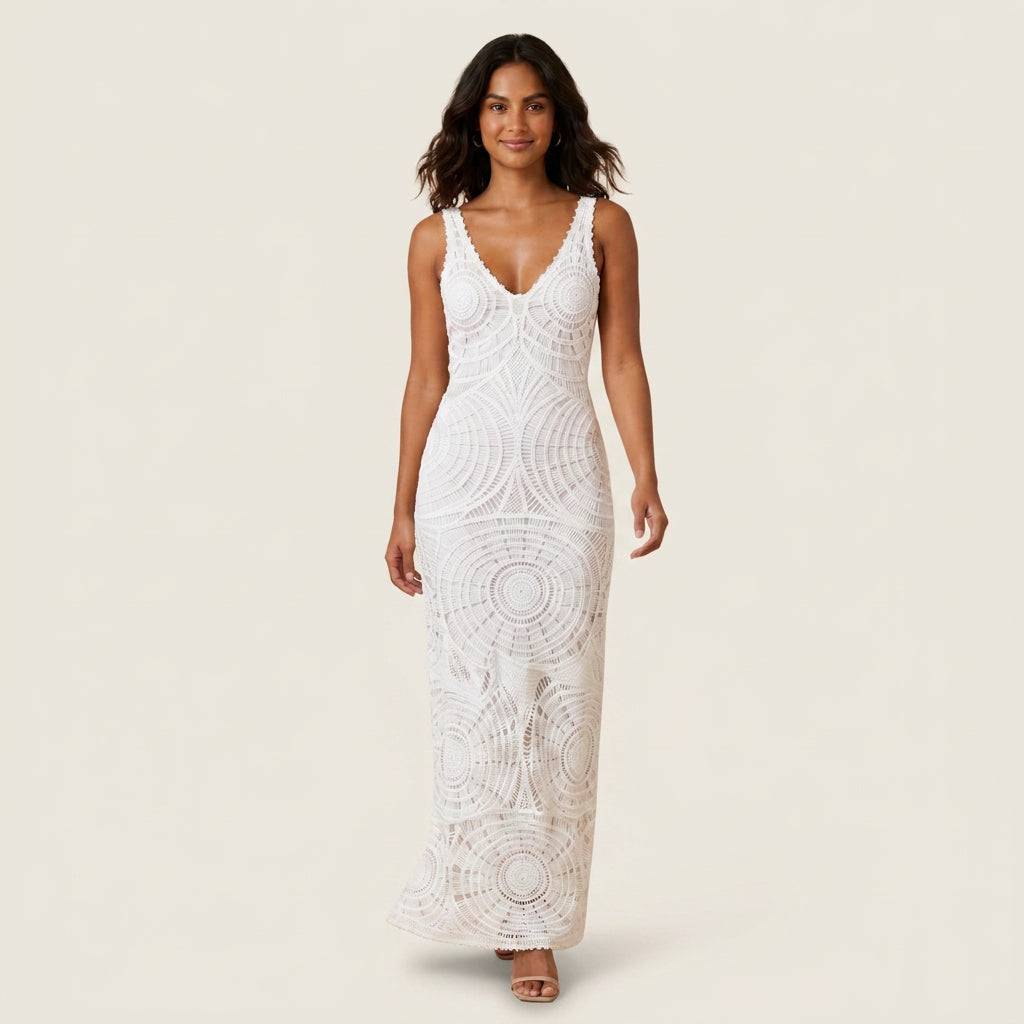 Vestido Midi de Encaje Calado con Motivo Geométrico para Mujer