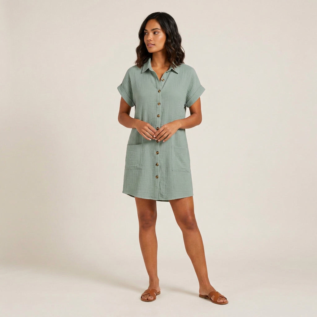 Vestido Camisero Muselina Botones Madera Bolsillos para Mujer