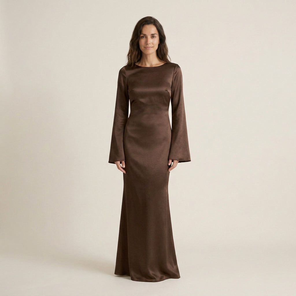 Vestido Largo Efecto Satén Manga Acampanada para Mujer